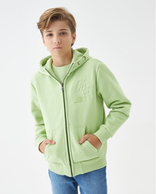 Buzo de Niño, Abierto con Capucha - Aplique Repujado + Texto Bordado