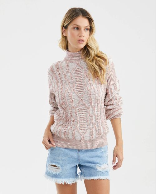 Suéter Tejido de Mujer, Silueta Oversized Cuello Alto - Tejido Arán