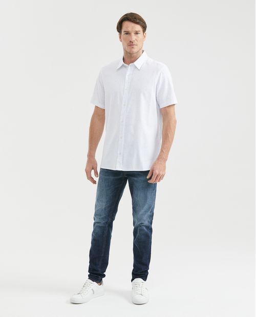 Camisa de Hombre, Slim Fit Manga Corta - Twill 100% Algodón Efecto Neps