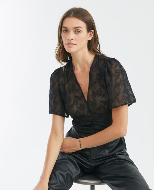 Blusa de Mujer, Silueta Ajustada Manga Corta Escote Profundo en V - Gasa Semitransparente