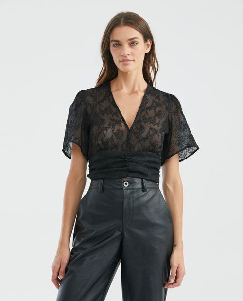 Blusa de Mujer, Silueta Ajustada Manga Corta Escote Profundo en V - Gasa Semitransparente