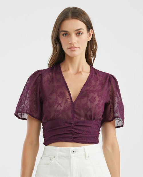 Blusa de Mujer, Silueta Ajustada Manga Corta Escote Profundo en V - Gasa Semitransparente