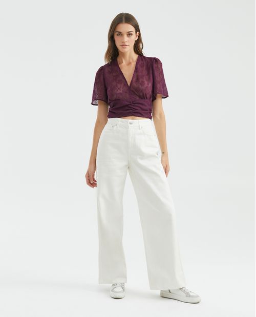 Blusa de Mujer, Silueta Ajustada Manga Corta Escote Profundo en V - Gasa Semitransparente