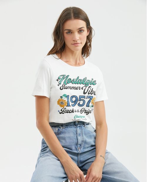 Camiseta Gráfica de Mujer, Manga Corta Cuello Redondo - Gráfico Frontal Estampado