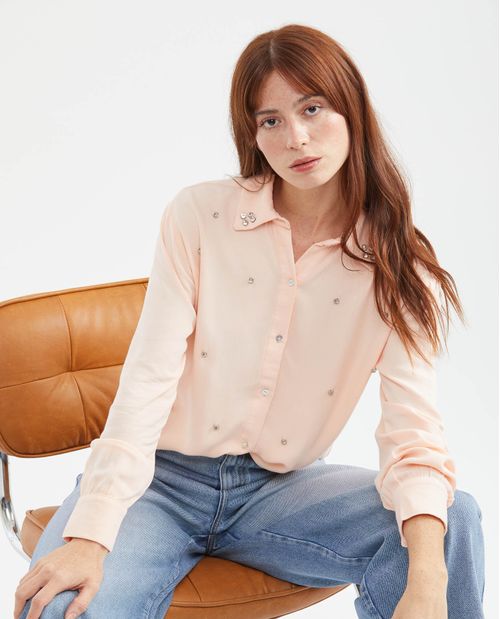 Camisa de Mujer, Silueta Recta Manga Larga Cuello Camisero - Taches + Piedras