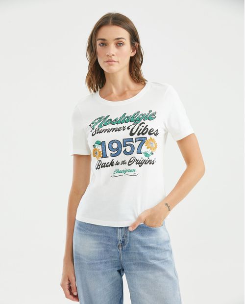 Camiseta Gráfica de Mujer, Manga Corta Cuello Redondo - Gráfico Frontal Estampado