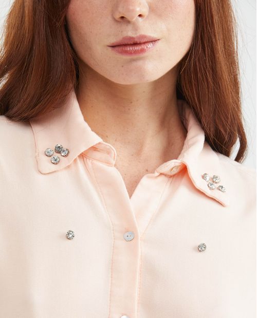 Camisa de Mujer, Silueta Recta Manga Larga Cuello Camisero - Taches + Piedras