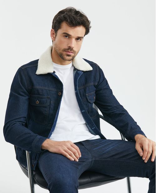 Chaqueta de Hombre en Denim, Tipo Trucker Straight Fit - Azul Ultra Oscuro Cuello Ovejero Removible