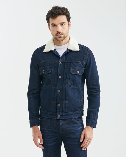 Chaqueta de Hombre en Denim, Tipo Trucker Straight Fit - Azul Ultra Oscuro Cuello Ovejero Removible