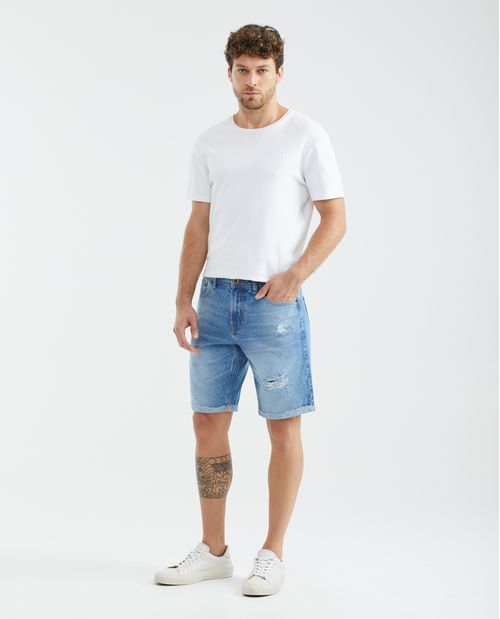 Bermuda de Hombre en Denim, Straight Fit - Azul Medio + Rotos