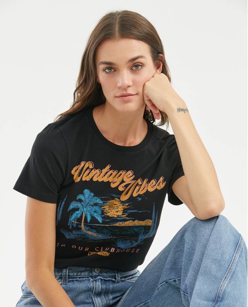 Camiseta Gráfica de Mujer, Manga Corta Cuello Redondo - Gráfico Frontal Estampado