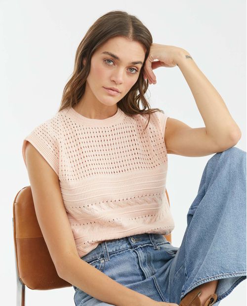 Camiseta Tejida de Mujer, Silueta Recta Cuello Redondo Manga Sisa - Galga Media