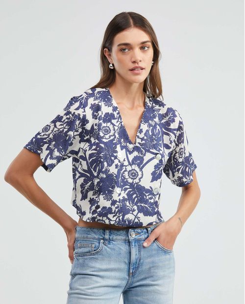 Blusa de Mujer, Tipo Crop Silueta Amplia Manga Corta Escote en V - Maxi Print Flores