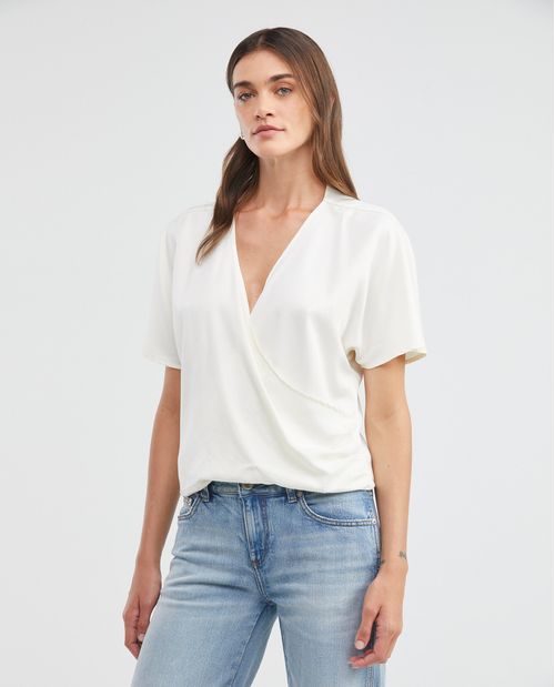 Blusa de Mujer, Tipo Crop Silueta Recta Manga Corta Escote en V - Recogido en Costado