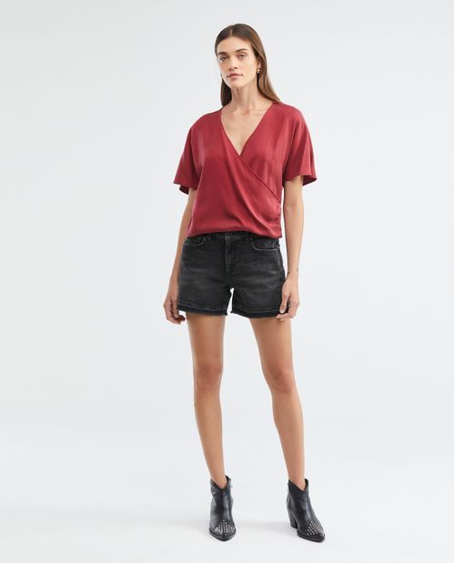 Blusa de Mujer, Tipo Crop Silueta Recta Manga Corta Escote en V - Recogido en Costado