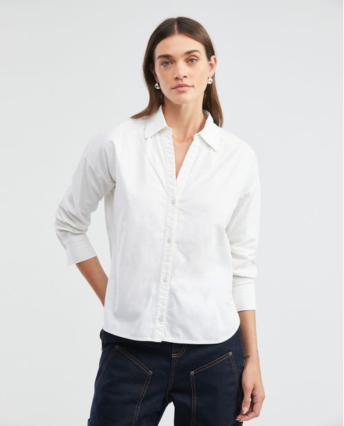 Camisa de Mujer, Silueta Oversized Manga Larga Cuello Camisero Escote en V - 100% Algodón
