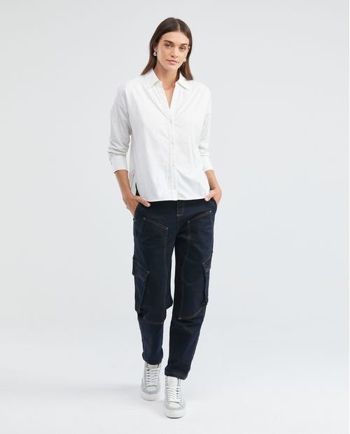 Camisa de Mujer, Silueta Oversized Manga Larga Cuello Camisero Escote en V - 100% Algodón