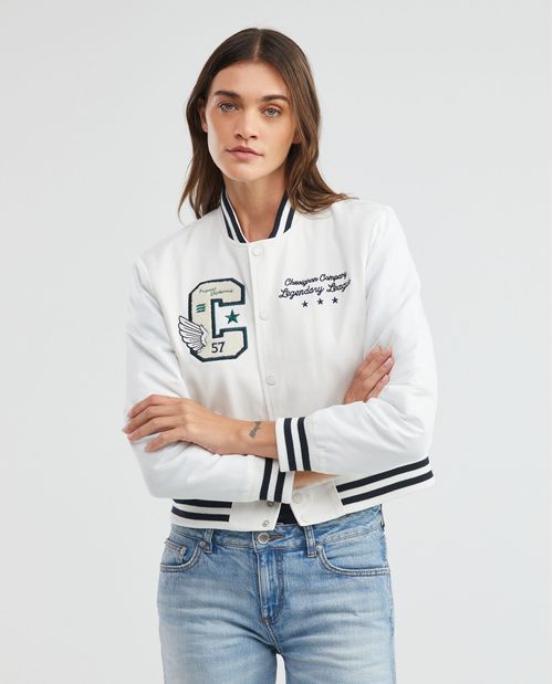 Chaqueta de Mujer, Silueta Bomber, Largo Crop - Influencia Varsity