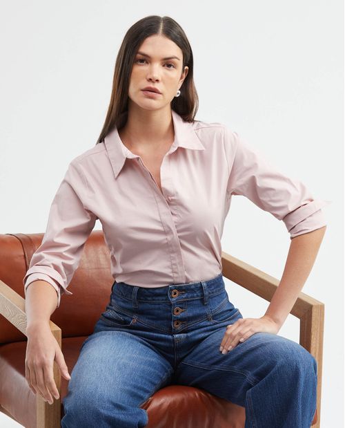Camisa de Mujer, Silueta Ajustada Manga Larga Cuello Camisero - Algodón + Elastano