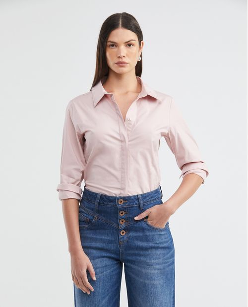 Camisa de Mujer, Silueta Ajustada Manga Larga Cuello Camisero - Algodón + Elastano