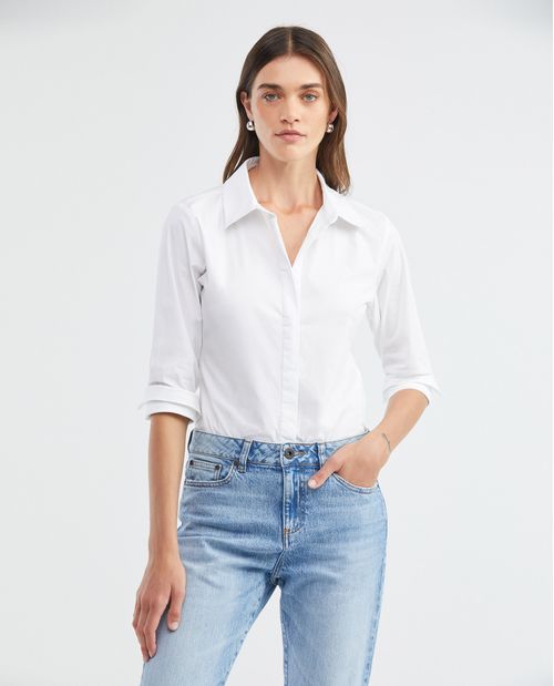 Camisa de Mujer, Silueta Ajustada Manga Larga Cuello Camisero - Algodón + Elastano