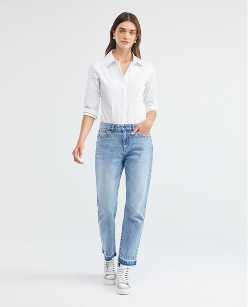 Camisa de Mujer, Silueta Ajustada Manga Larga Cuello Camisero - Algodón + Elastano