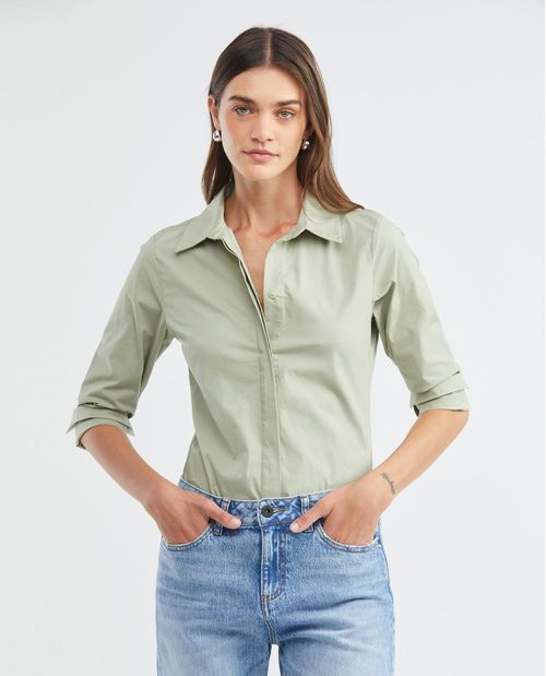 Camisa de Mujer, Silueta Ajustada Manga Larga Cuello Camisero - Algodón + Elastano