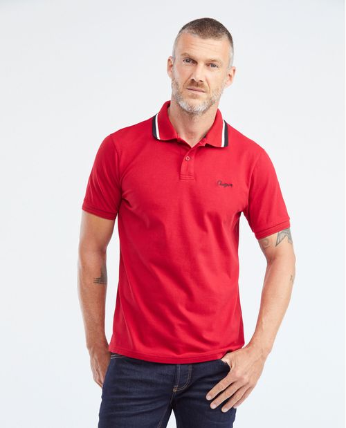 Camiseta de Hombre Tipo Polo, Slim Fit Manga Corta - Cuello Tejido Líneas en Contraste + Puños Textura Espina de Pescado