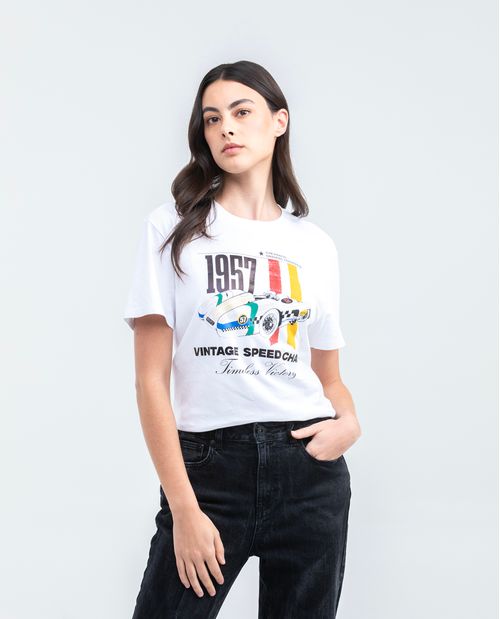 Camiseta Gráfica de Mujer, Silueta Oversized - Estampado Frontal + Piedras