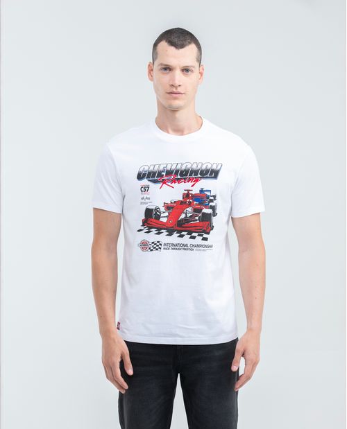 Camiseta Gráfica de Hombre, Slim Fit - Estampado con Carro de Carreras y Tipografías