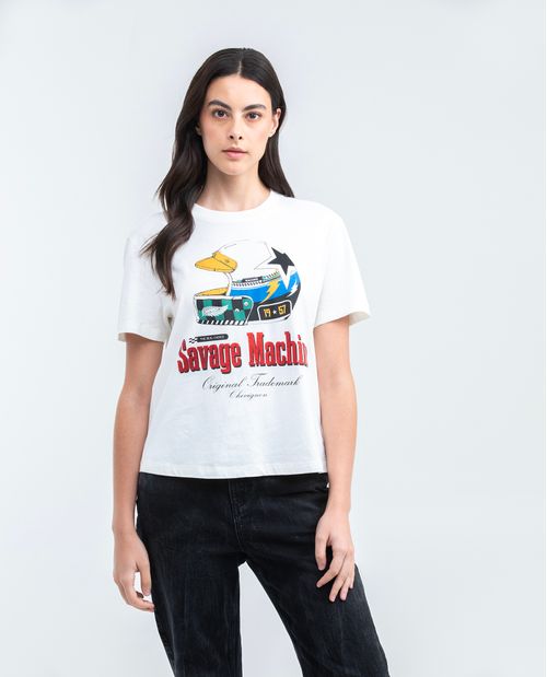 Camiseta Gráfica de Mujer, Silueta Oversized - Estampado Frontal + Piedras