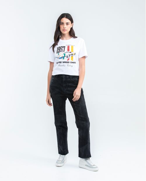 Camiseta Gráfica de Mujer, Silueta Oversized - Estampado Frontal + Piedras