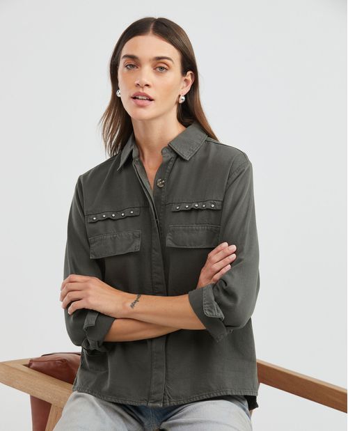 Camisa de Mujer, Tipo Shaket Manga Larga Cuello Camisero - Influencia Cargo