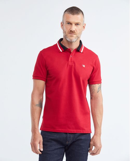 Camiseta de Hombre Tipo Polo, Slim Fit Manga Corta - Cuello Tejido en Contraste + Rayas en Contraste