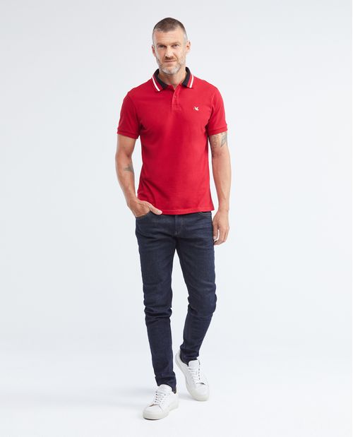 Camiseta de Hombre Tipo Polo, Slim Fit Manga Corta - Cuello Tejido en Contraste + Rayas en Contraste