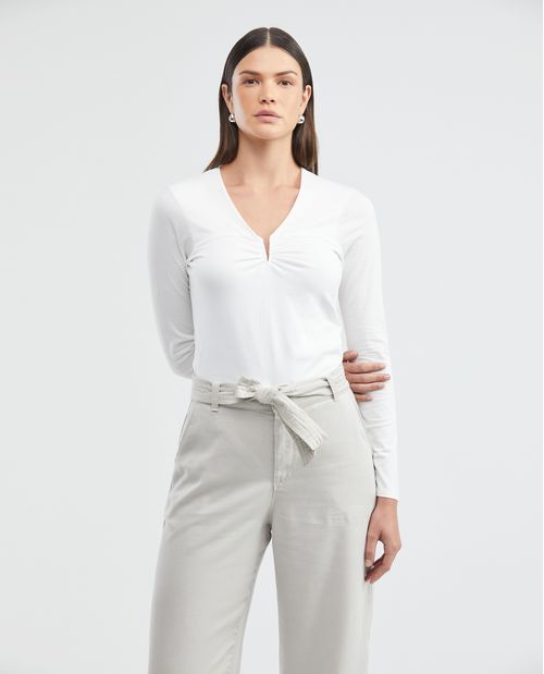 Camiseta de Mujer, Manga Larga Escote en V - Detalle Recogido Frontal