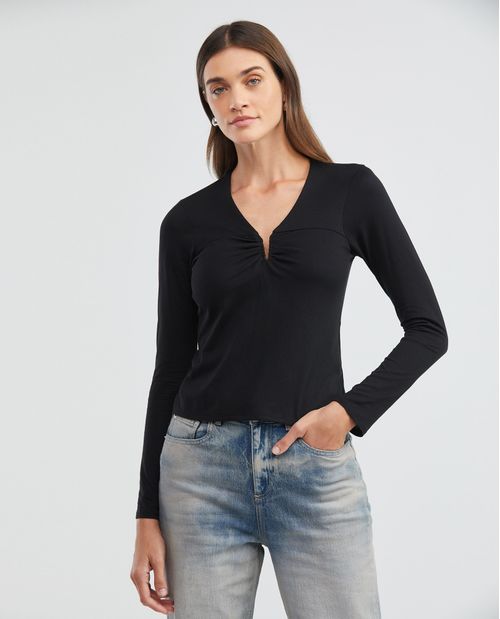 Camiseta de Mujer, Manga Larga Escote en V - Detalle Recogido Frontal