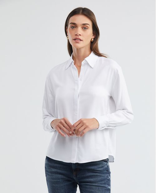 Camisa de Mujer, Silueta Ajustada Manga Larga Cuello Camisero - 100% Rayón Diagonal Marcada