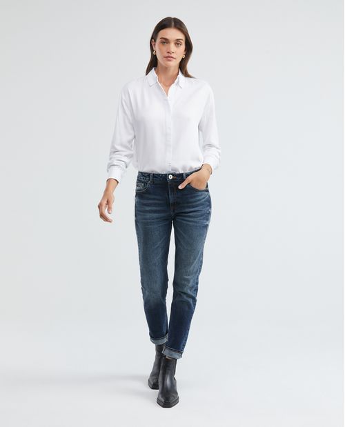 Camisa de Mujer, Silueta Ajustada Manga Larga Cuello Camisero - 100% Rayón Diagonal Marcada