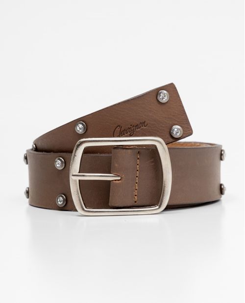 Cinturón de Mujer en Cuero Acabado Semi Brillante, Hebilla Doble Paso - Detalles Piedras de Zircón