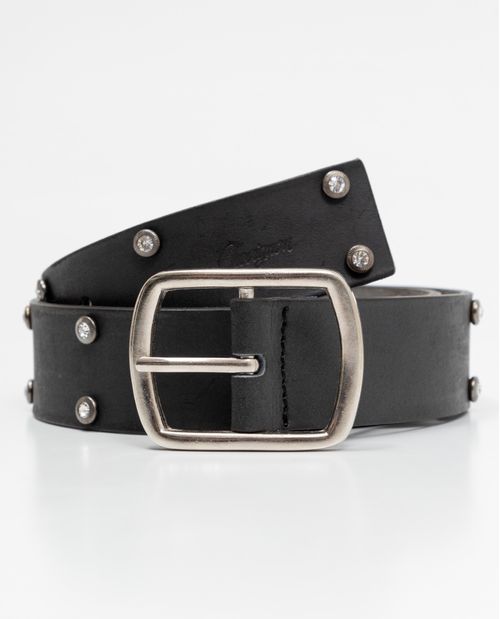 Cinturón de Mujer en Cuero Acabado Semi Brillante, Hebilla Doble Paso - Detalles Piedras de Zircón