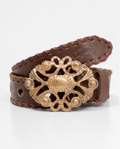 Cinturón de Mujer en Cuero Plena Flor Acabado Semi Brillante, Hebilla XL con Calado Decorativo - Detalles decorativos de Trenzas