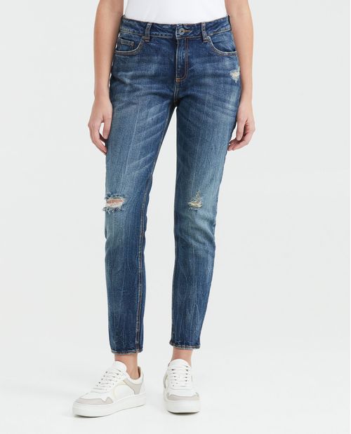 Jean High Rise Bota Slim Azul Medio Lavado Vintage con Rotos para Mujer