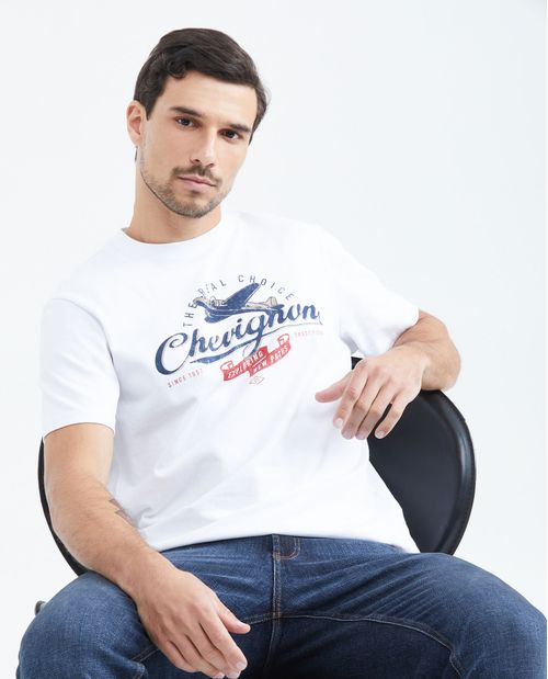 Camiseta Slim Fit Estampada Cuello Redondo en Algodón más Grueso para Hombre
