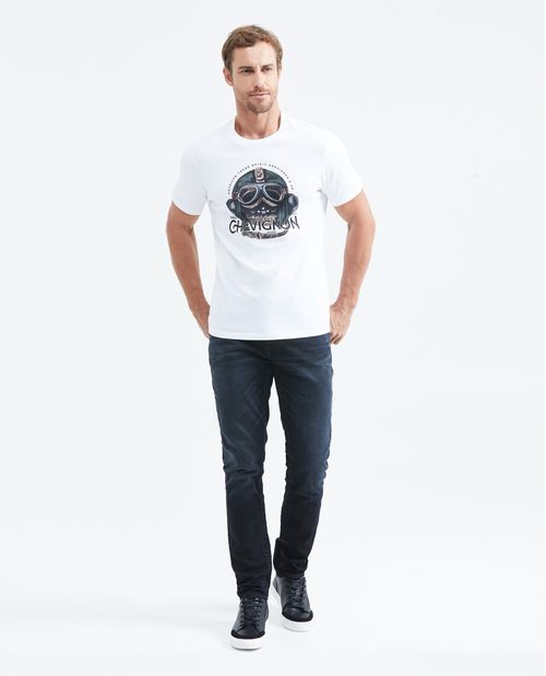 Camiseta Slim Fit Estampada Cuello Redondo en Algodón más Grueso para Hombre