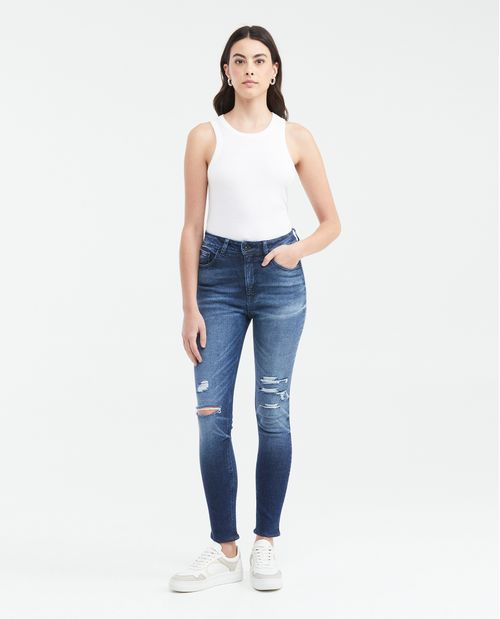 Jean Super High Rise Bota Slim Azul Oscuro con Rotos para Mujer