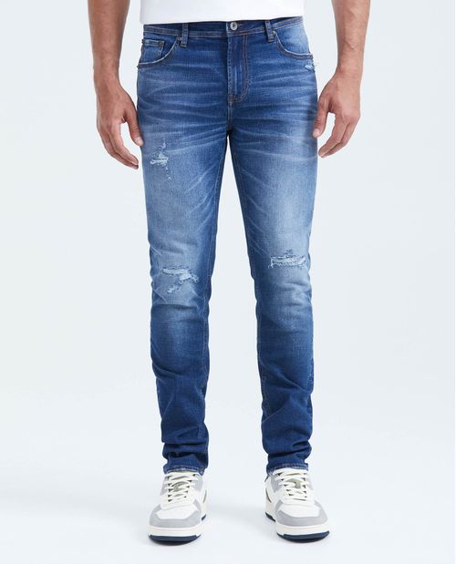 Jean Súper Slim Fit Tiro Bajo Bota Super Slim Azul Medio con Rotos para Hombre