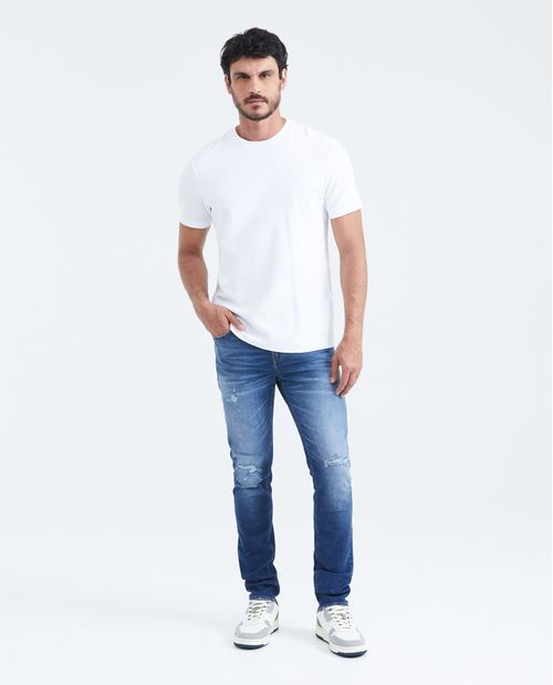 Jean Súper Slim Fit Tiro Bajo Bota Super Slim Azul Medio con Rotos para Hombre