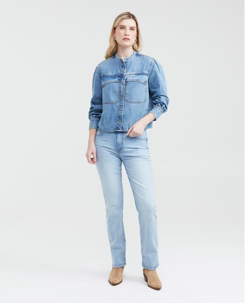 Chaqueta en Denim Rígido con Mangas con Volumen y Cuello Nerú Azul Medio para Mujer