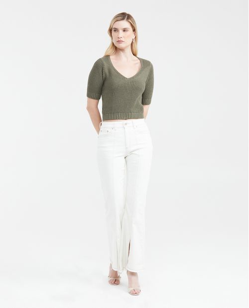 Camiseta Tejida Tipo Crop con Escote Corazón para Mujer